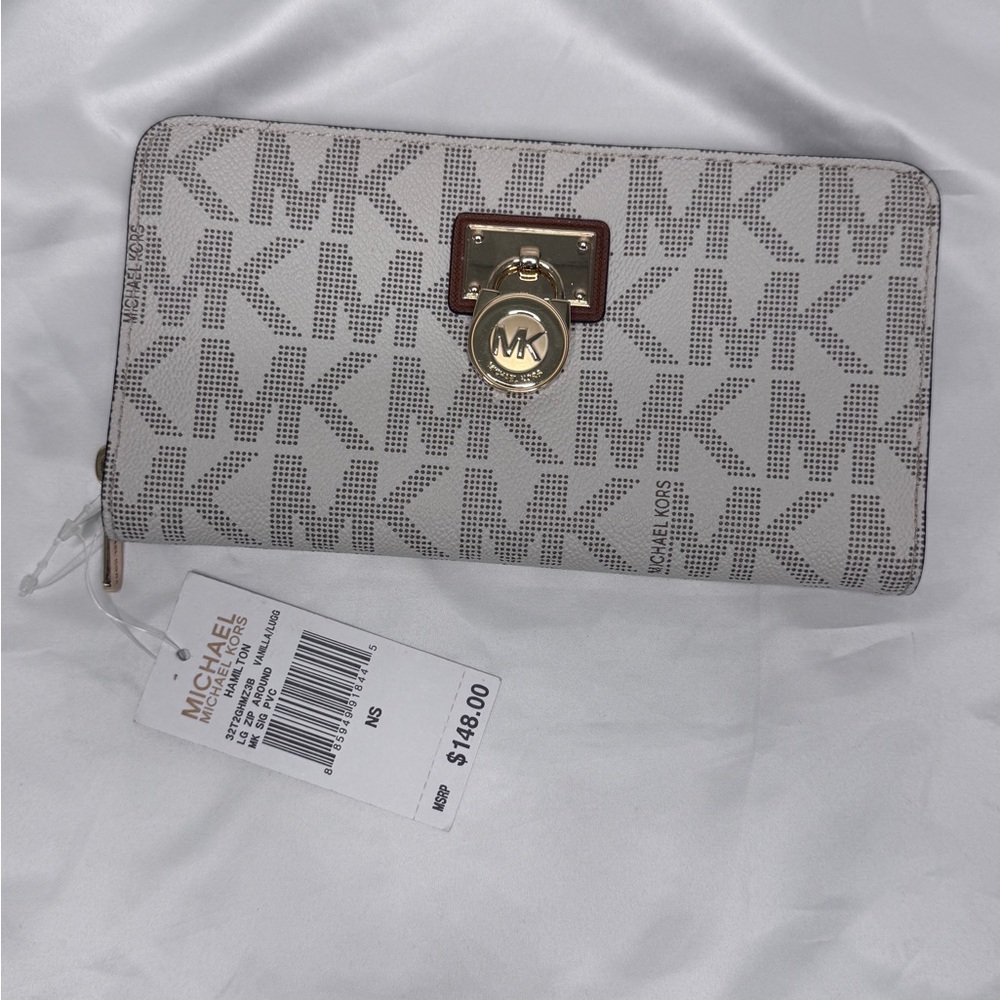 Michael Kors Monogrammed long white & brown zipper Wallet